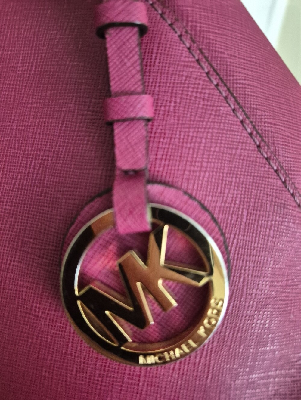 Michael Kors Hot Pink Leather MK Logo Charm with Gold Tone